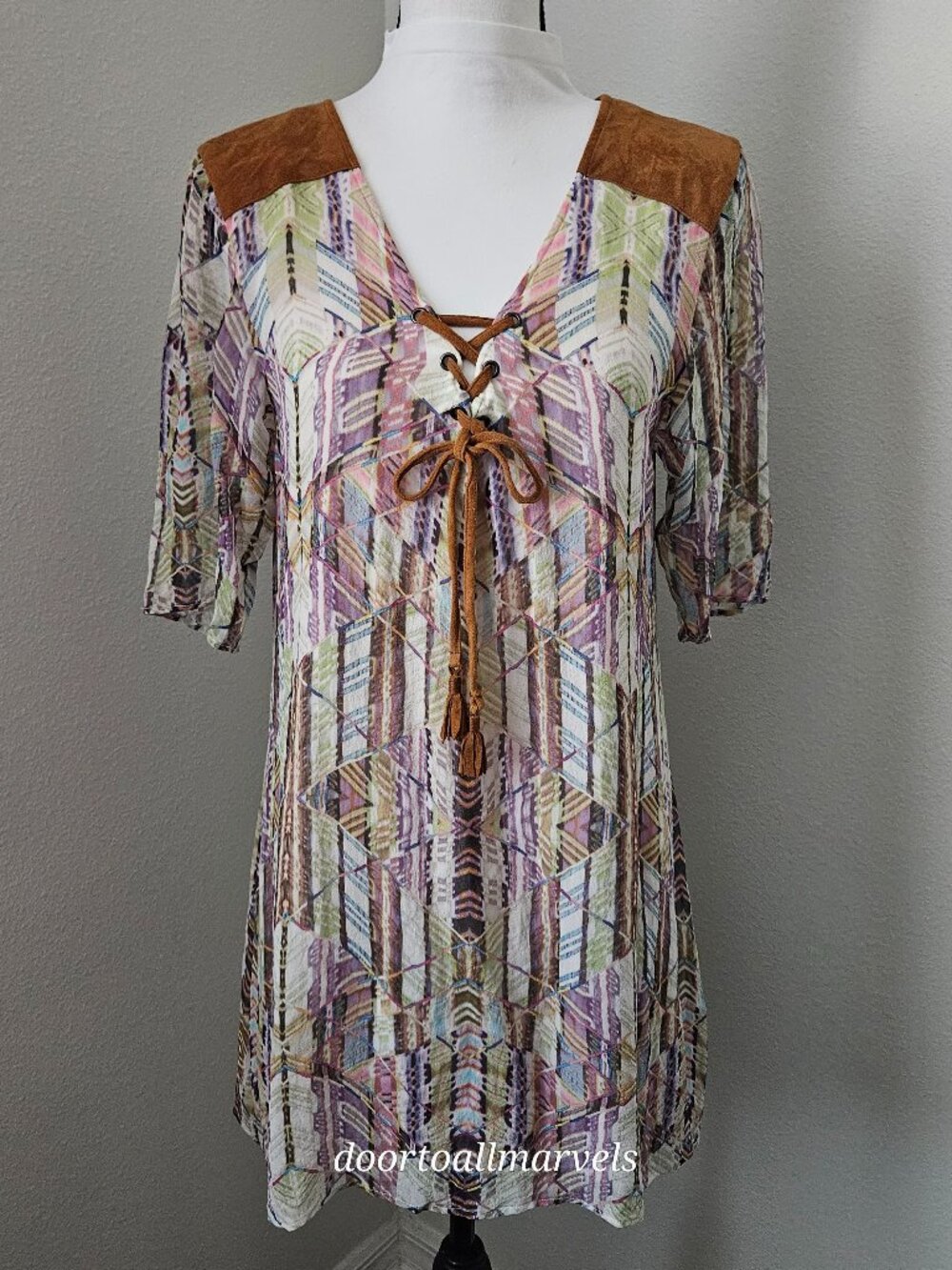 AS by DF Silk Tunic Dress Lace Up Suede Patches Flowy Boho sz M